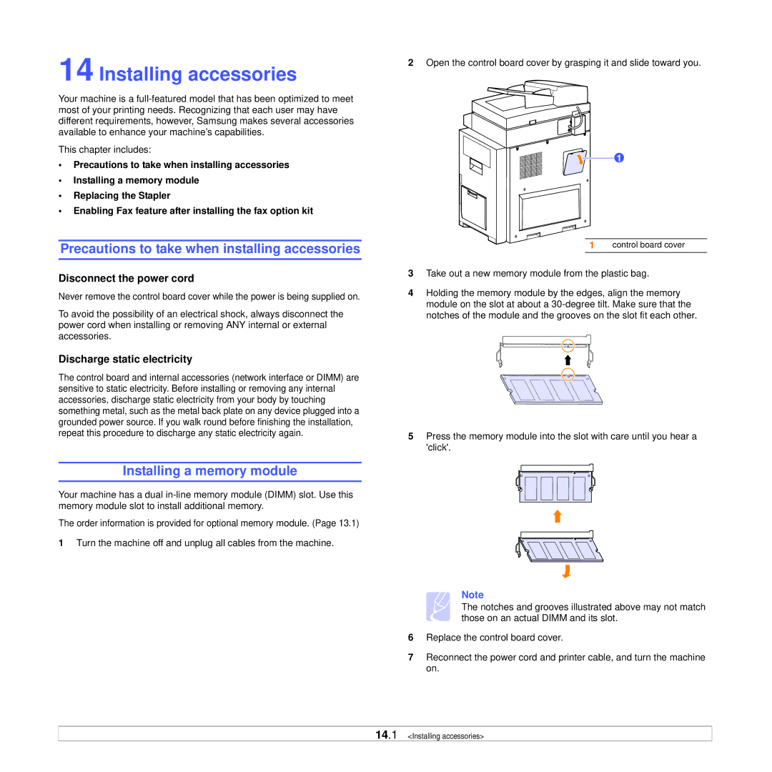 Samsung CLX-8385ND Series manual Installing accessories, Precautions to take when installing accessories 