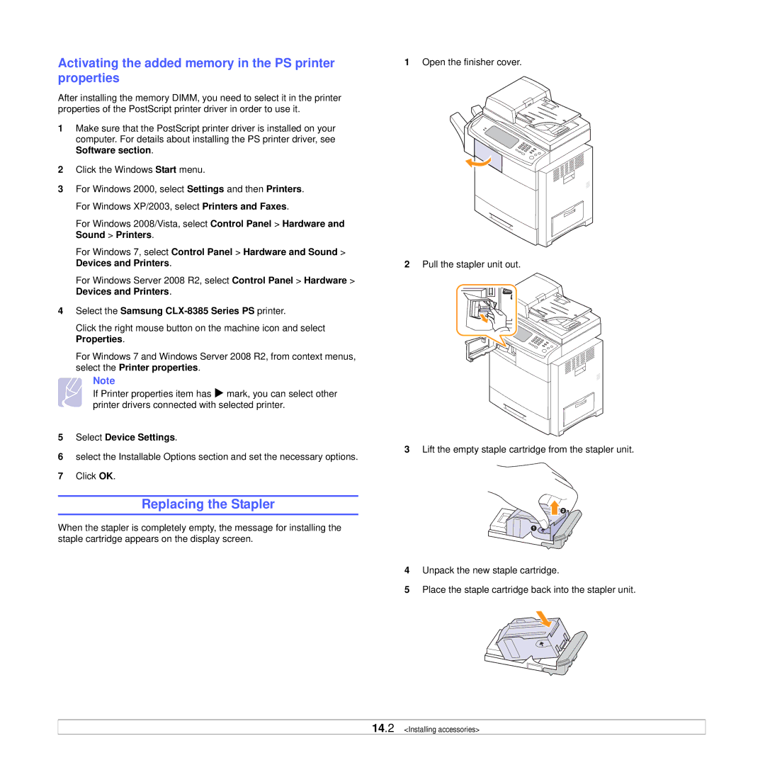 Samsung CLX-8385ND Series manual Replacing the Stapler, Activating the added memory in the PS printer properties 