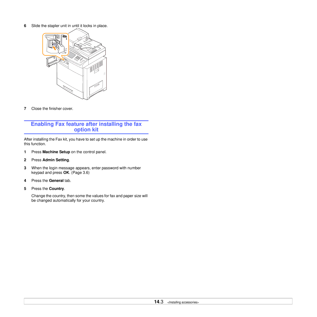 Samsung CLX-8385ND Series manual Enabling Fax feature after installing the fax Option kit, Press Admin Setting 