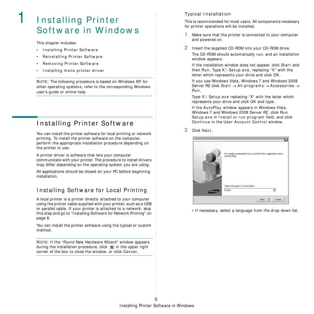 Samsung CLX-8385ND Series manual Installing Printer Software, Installing Software for Local Printing, Typical Installation 