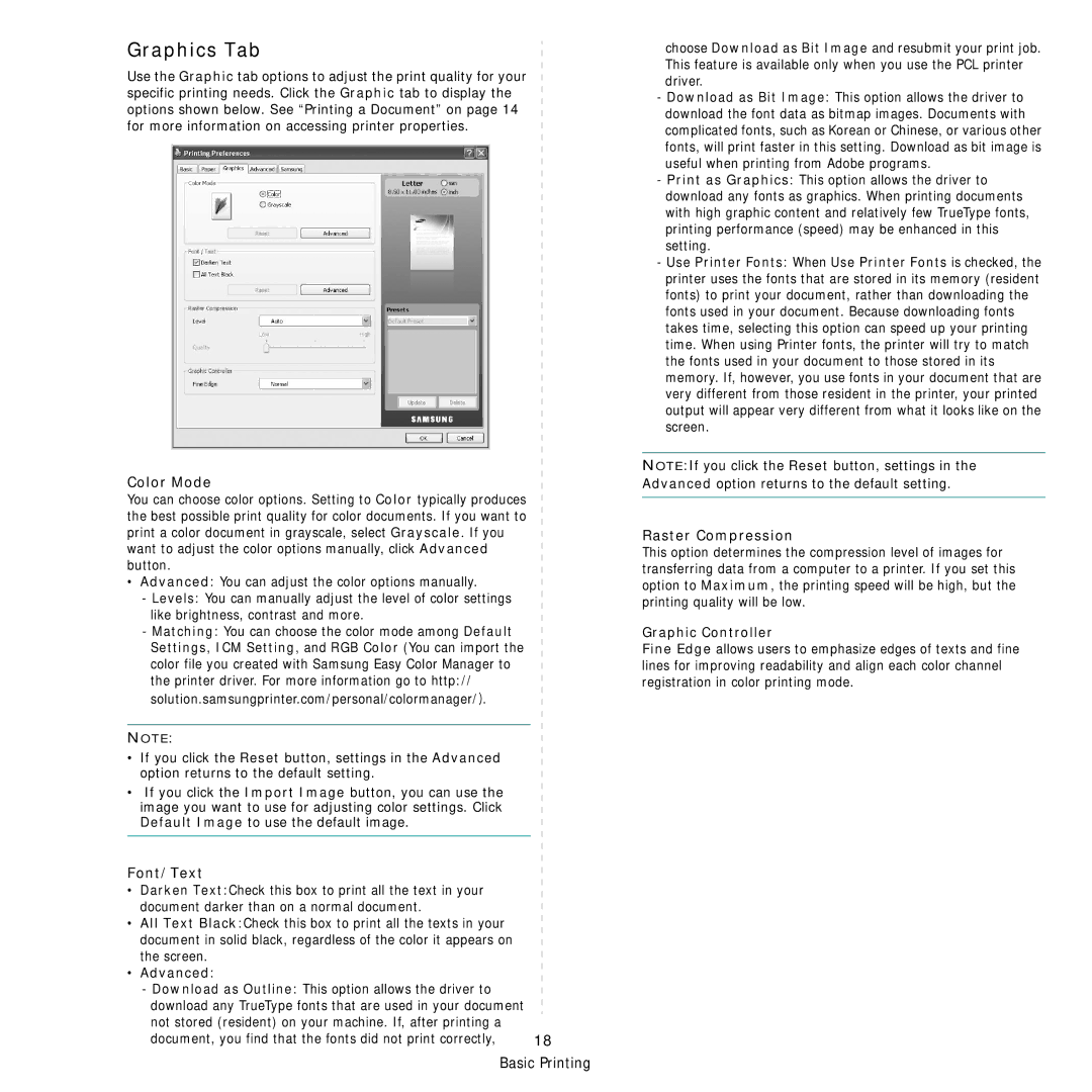 Samsung CLX-8385ND Series manual Graphics Tab, Color Mode, Font/Text, Raster Compression 