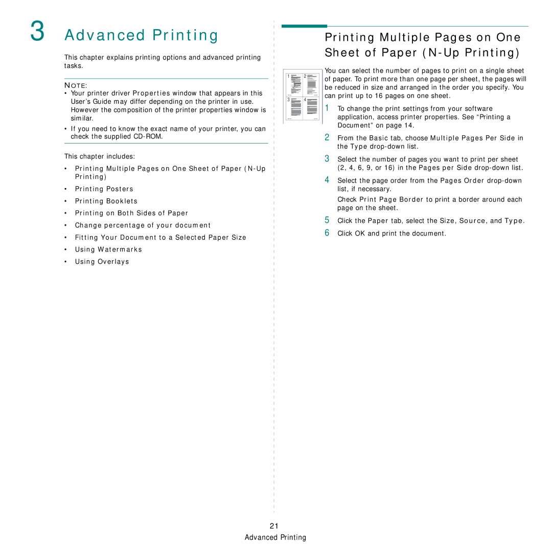 Samsung CLX-8385ND Series manual Advanced Printing, Printing Multiple Pages on One Sheet of Paper N-Up Printing 