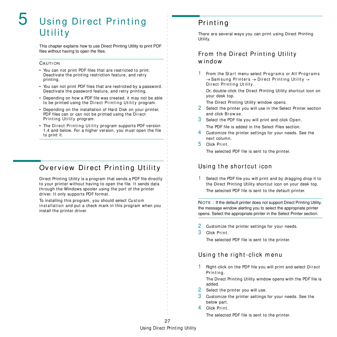 Samsung CLX-8385ND Series manual Overview Direct Printing Utility, From the Direct Printing Utility window 