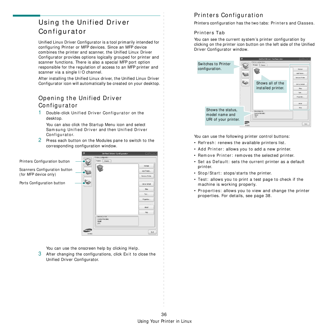 Samsung CLX-8385ND Series manual Using the Unified Driver Configurator, Printers Configuration, Printers Tab 