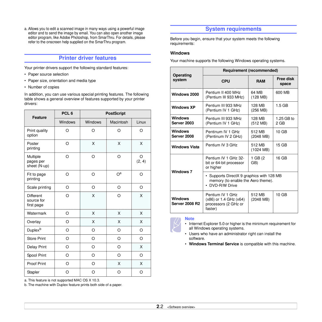 Samsung CLX-8385ND Series manual Printer driver features, System requirements, Windows 