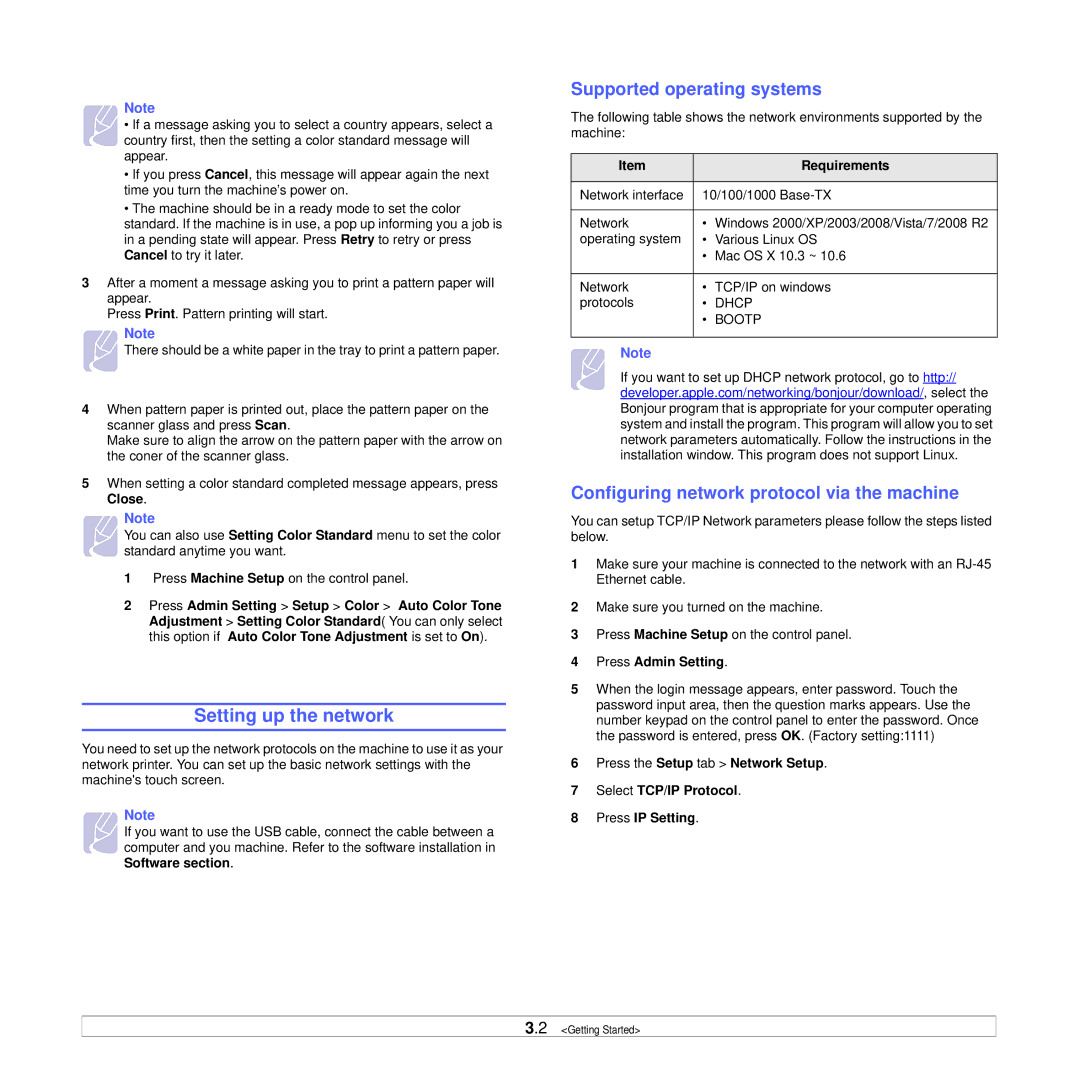 Samsung CLX-8385ND Series manual Setting up the network, Supported operating systems, Requirements, Press Admin Setting 