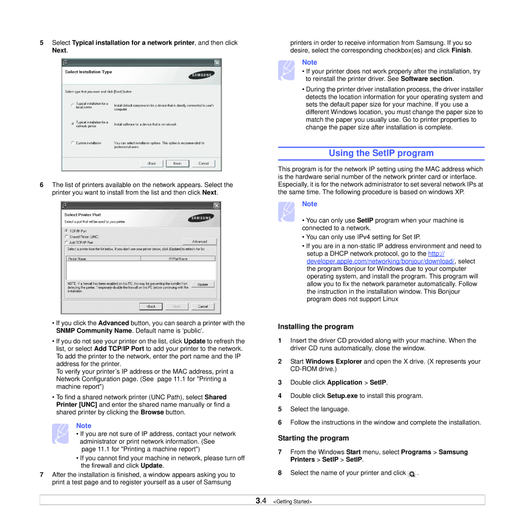 Samsung CLX-8385ND Series manual Using the SetIP program, Installing the program, Starting the program 