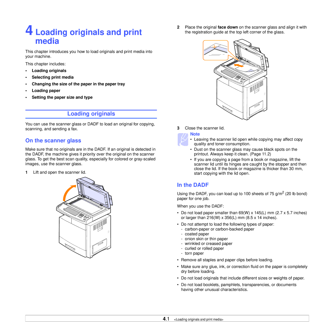 Samsung CLX-8385ND Series manual Loading originals and print media, On the scanner glass, Dadf 