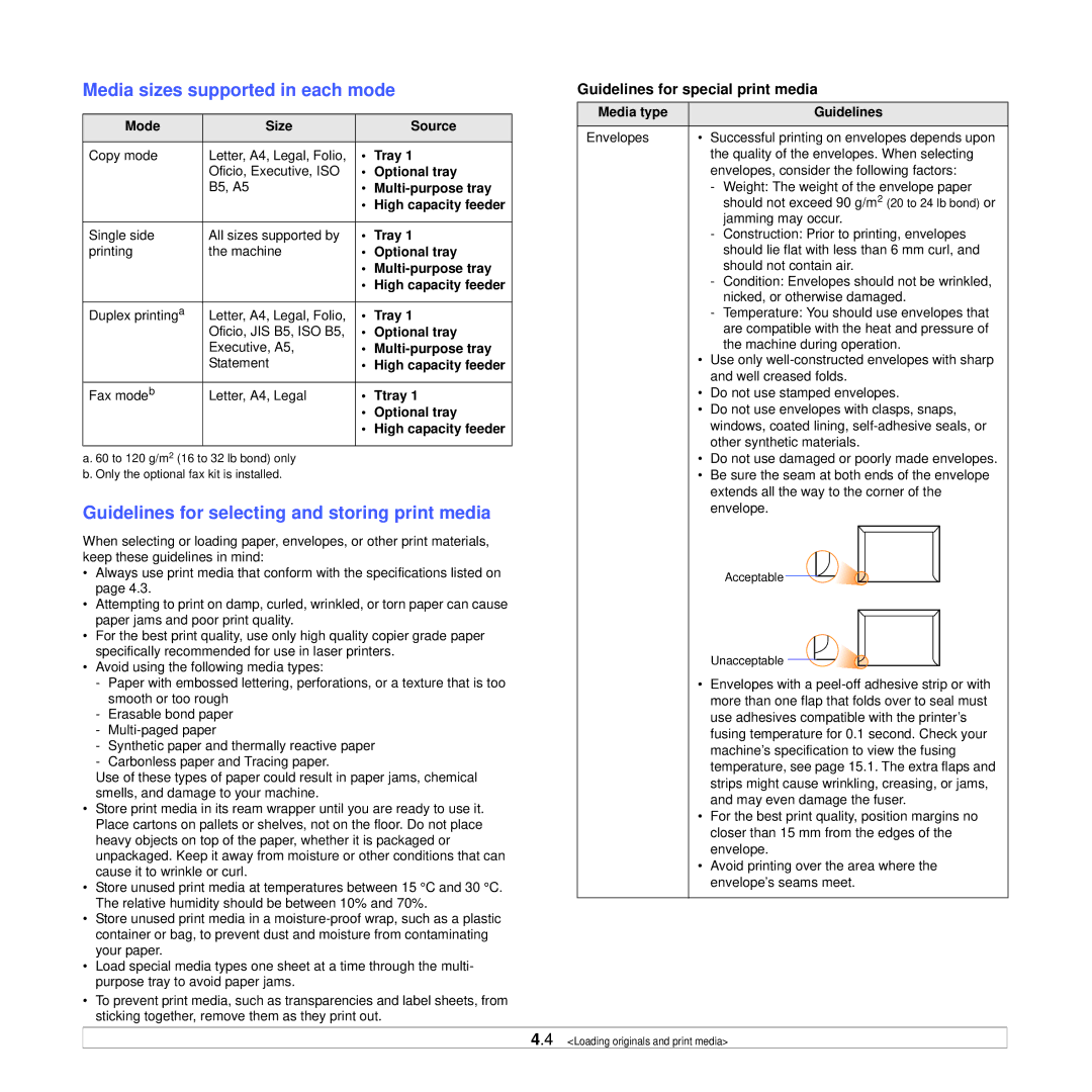 Samsung CLX-8385ND Series manual Media sizes supported in each mode, Guidelines for selecting and storing print media 