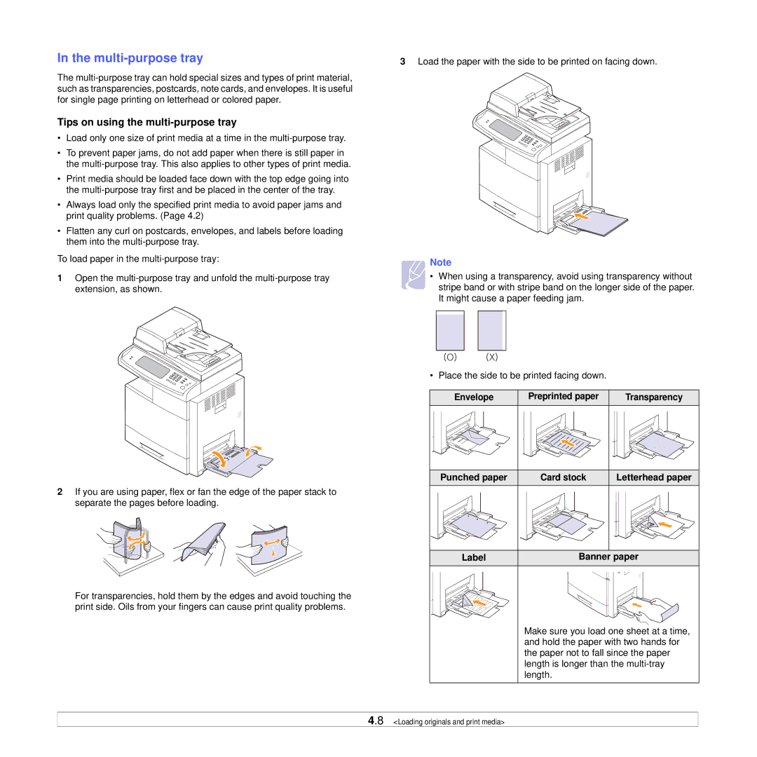 Samsung CLX-8385ND Series manual Multi-purpose tray, Tips on using the multi-purpose tray, Envelope, Label Banner paper 