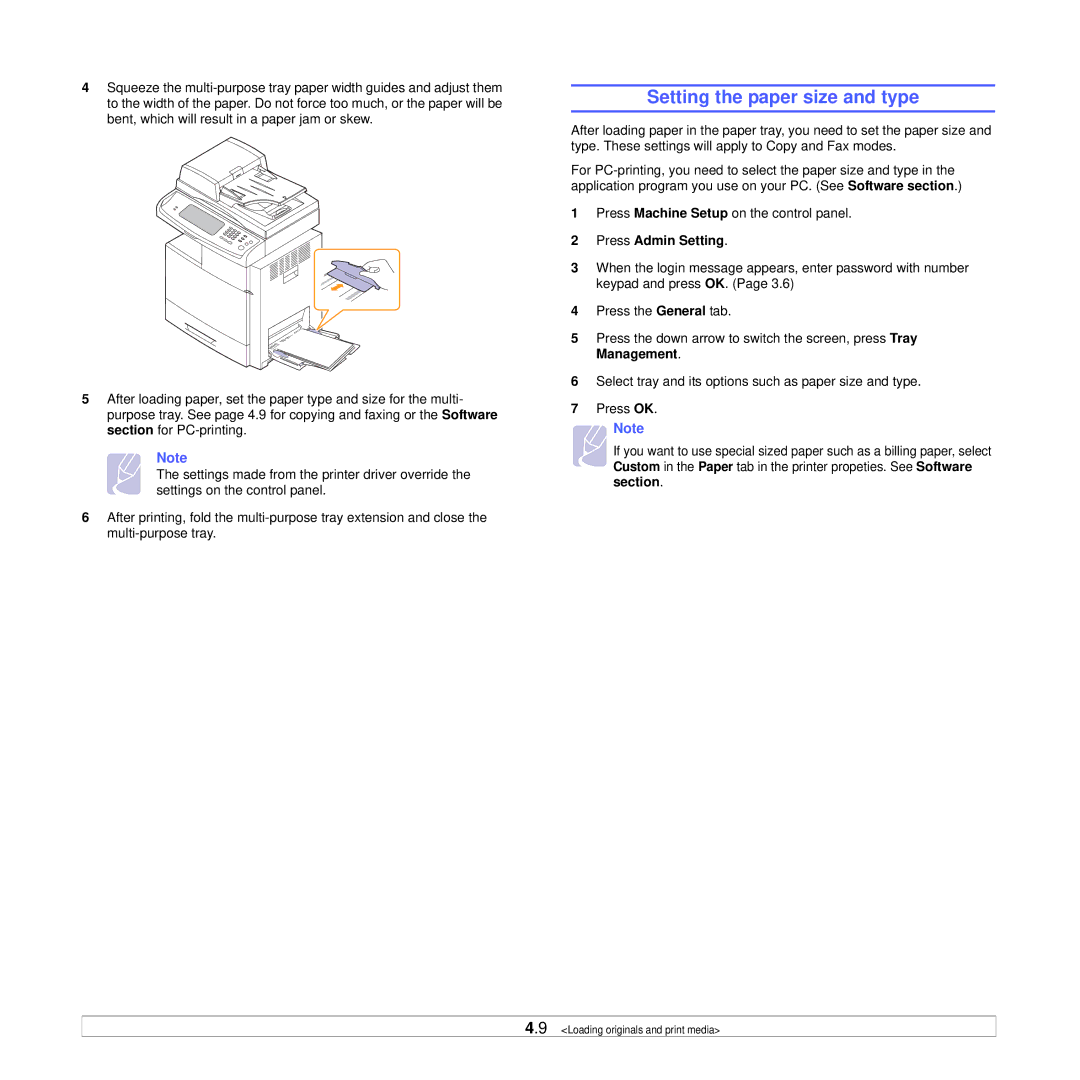 Samsung CLX-8385ND Series manual Setting the paper size and type, Press Admin Setting 