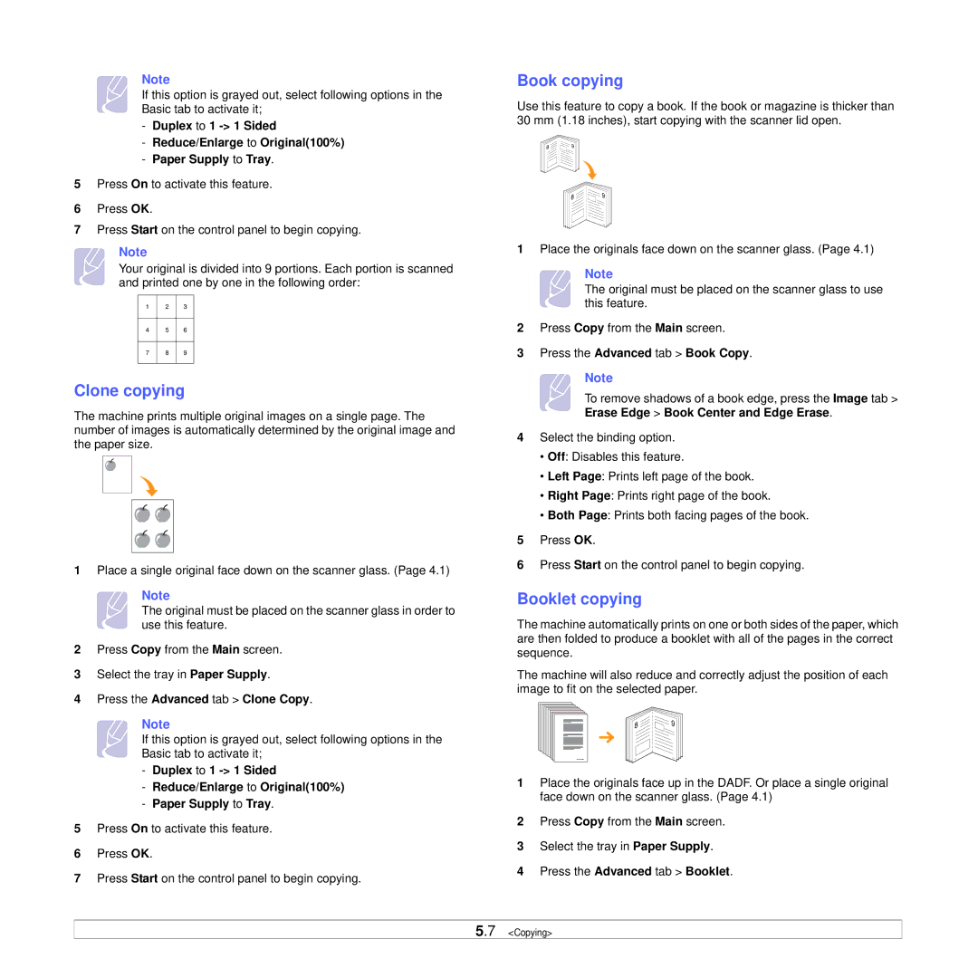 Samsung CLX-8385ND Series manual Clone copying, Book copying, Booklet copying, Press the Advanced tab Clone Copy 