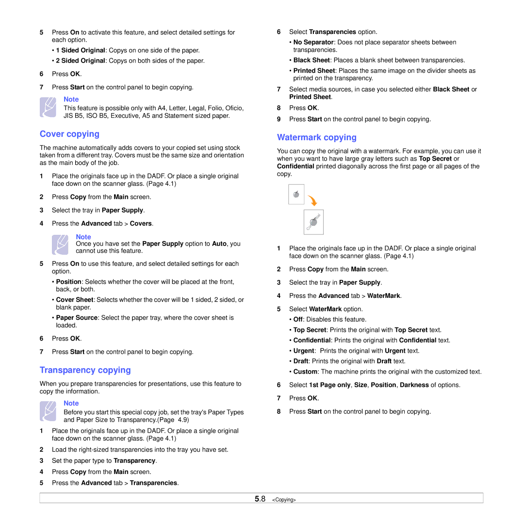 Samsung CLX-8385ND Series manual Cover copying, Transparency copying, Watermark copying, Press the Advanced tab WaterMark 