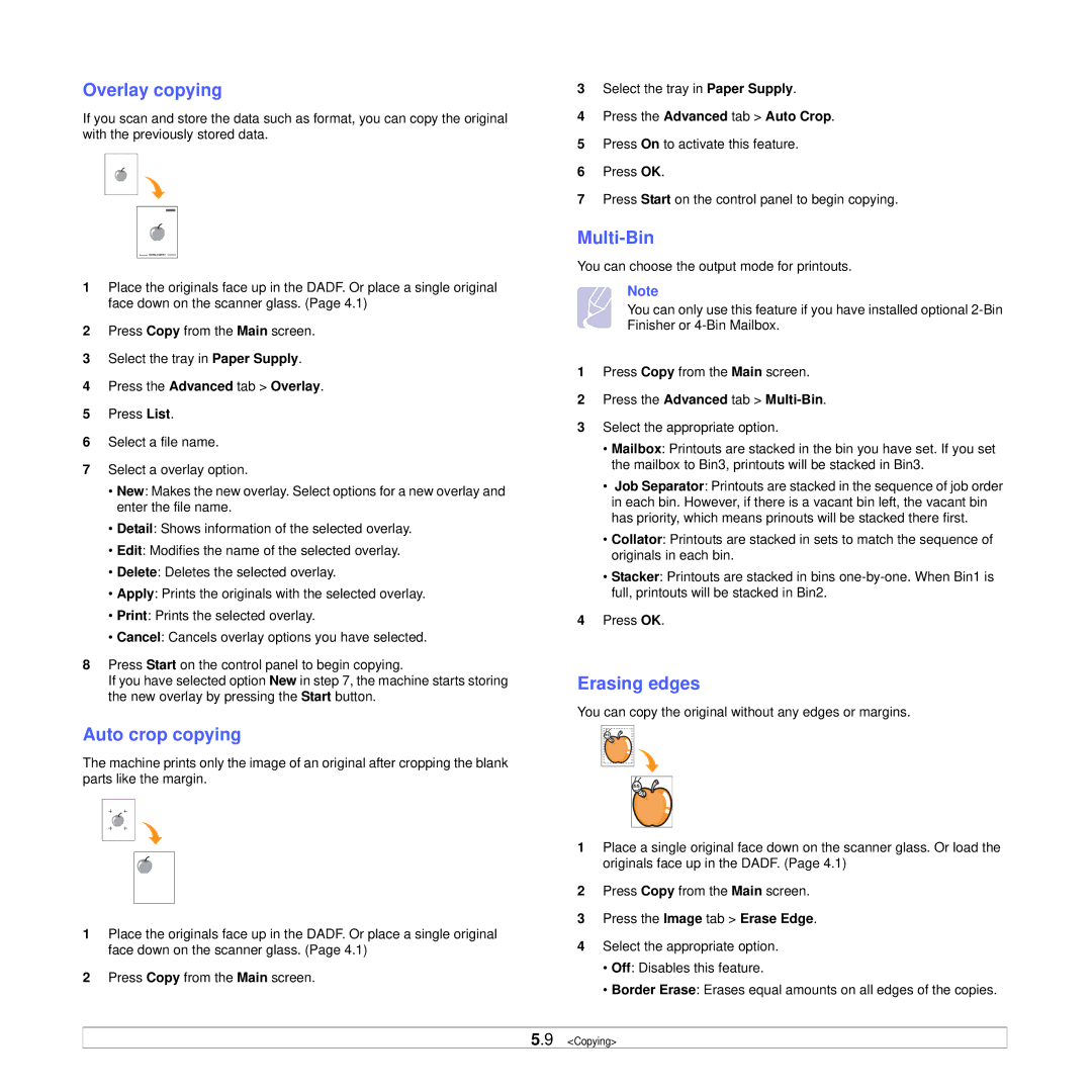 Samsung CLX-8385ND Series manual Overlay copying, Auto crop copying, Multi-Bin, Erasing edges 