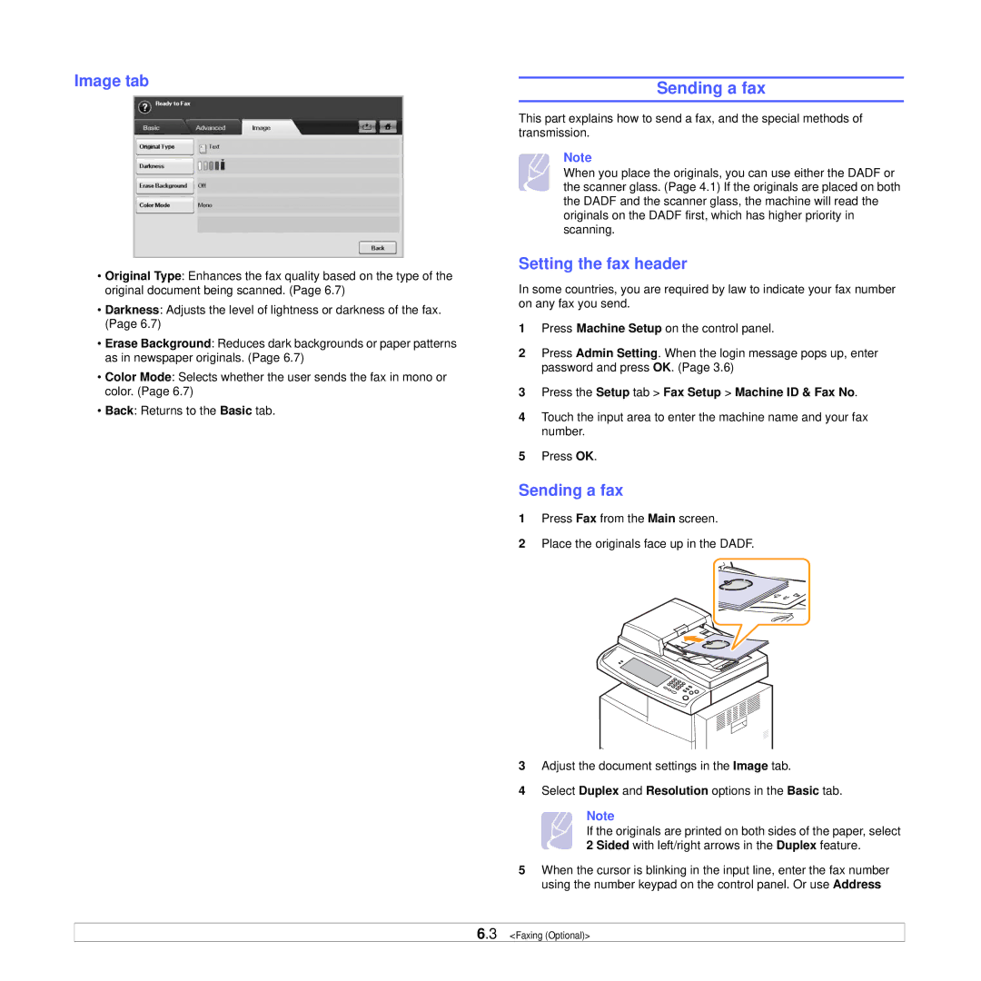 Samsung CLX-8385ND Series manual Sending a fax, Setting the fax header, Press the Setup tab Fax Setup Machine ID & Fax No 