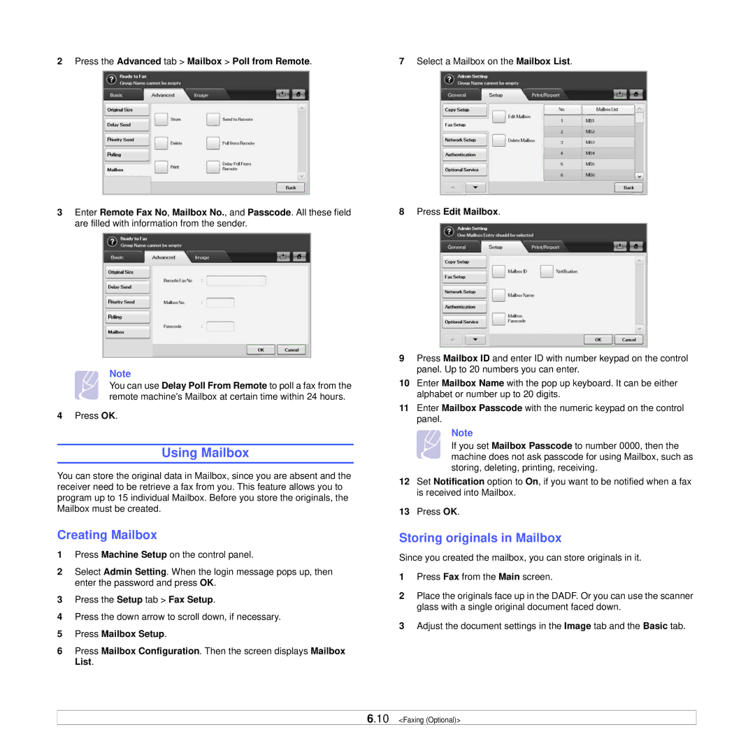 Samsung CLX-8385ND Series manual Using Mailbox, Creating Mailbox, Storing originals in Mailbox 