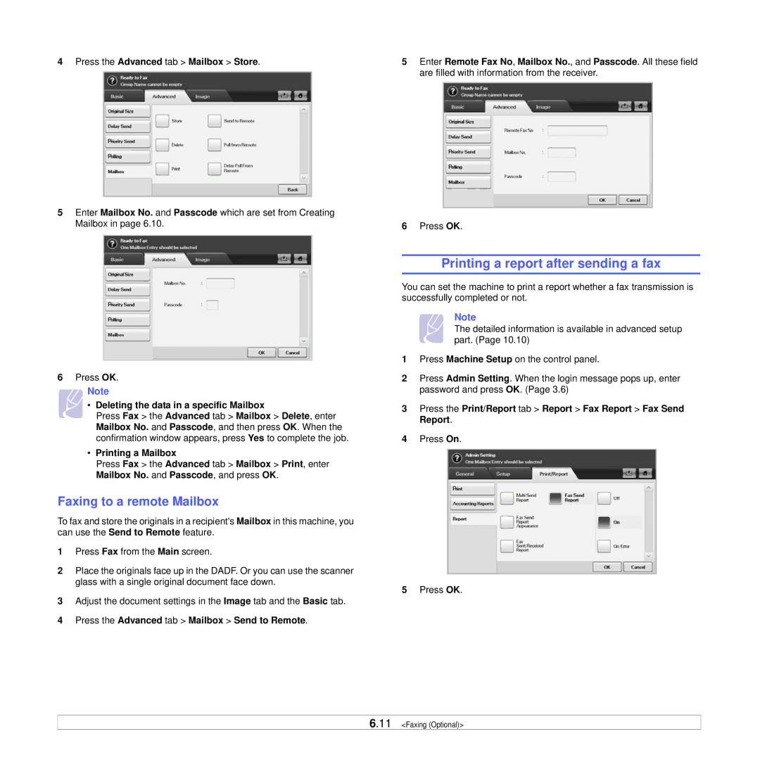 Samsung CLX-8385ND Series manual Printing a report after sending a fax, Faxing to a remote Mailbox 