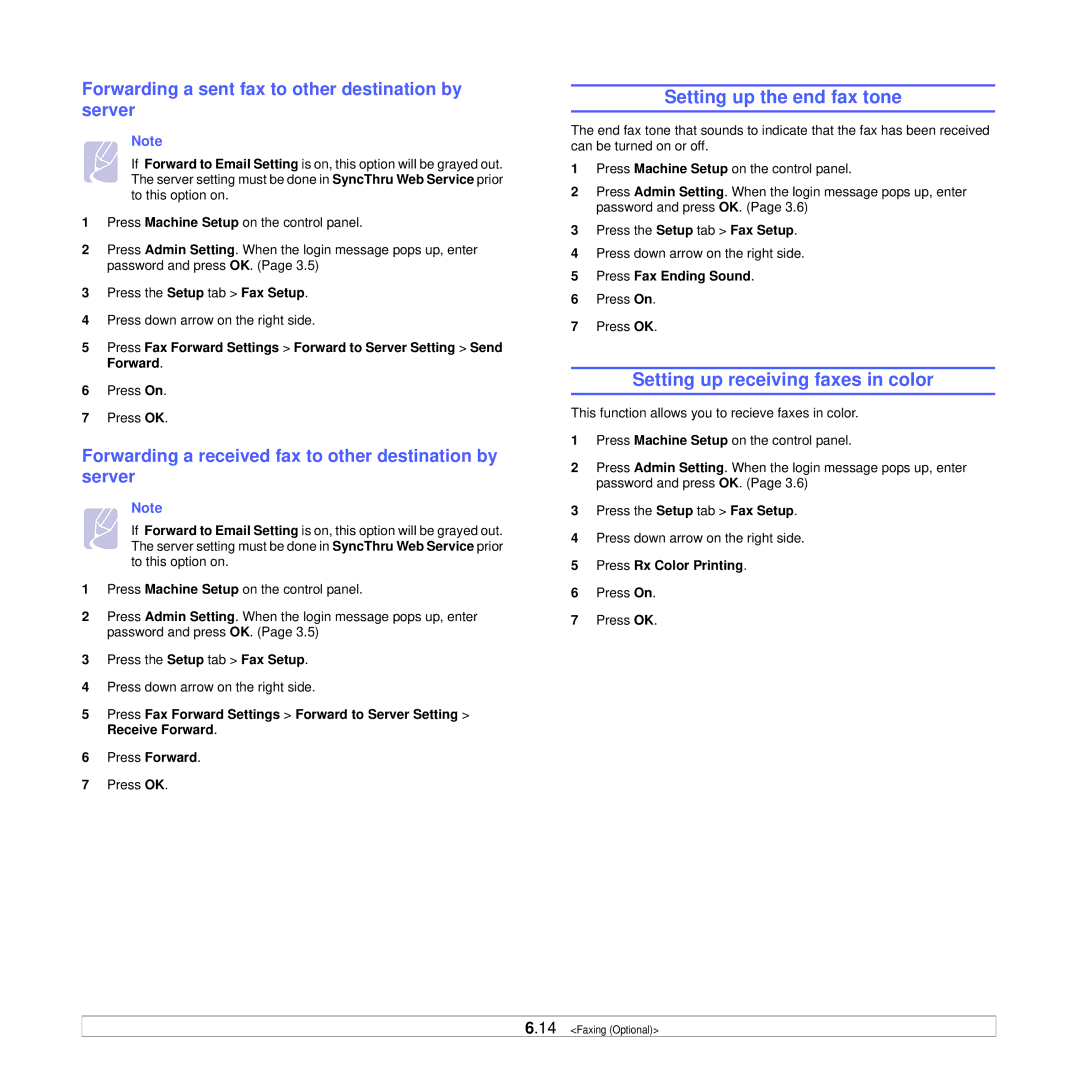 Samsung CLX-8385ND Series manual Setting up the end fax tone, Setting up receiving faxes in color 