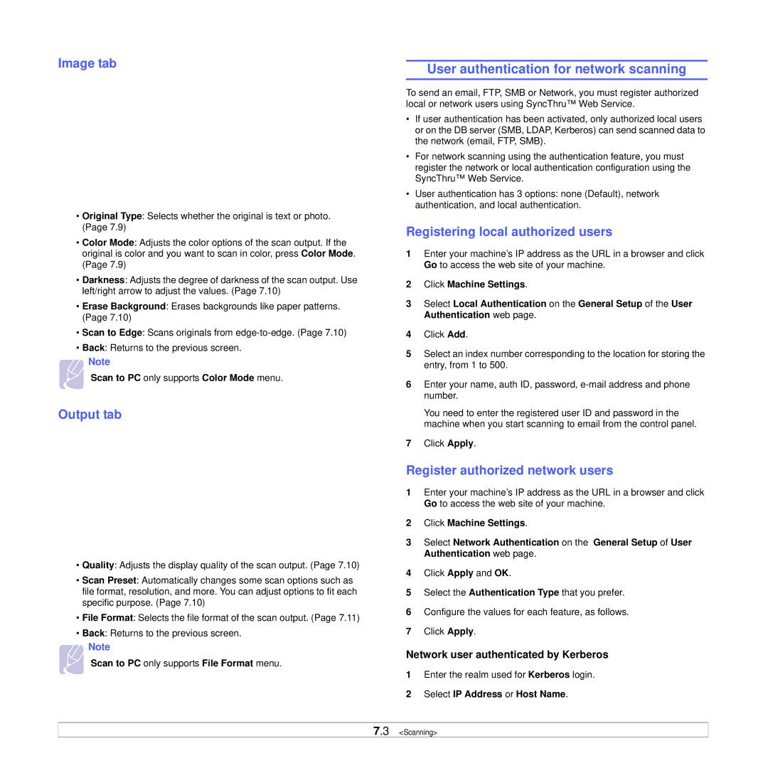 Samsung CLX-8385ND Series manual User authentication for network scanning, Output tab, Registering local authorized users 