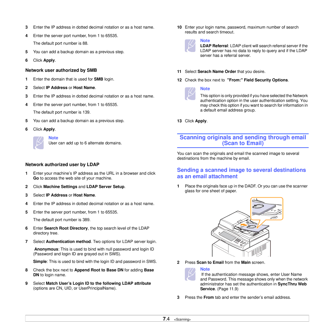 Samsung CLX-8385ND Series manual Scanning originals and sending through email Scan to Email, Network user authorized by SMB 