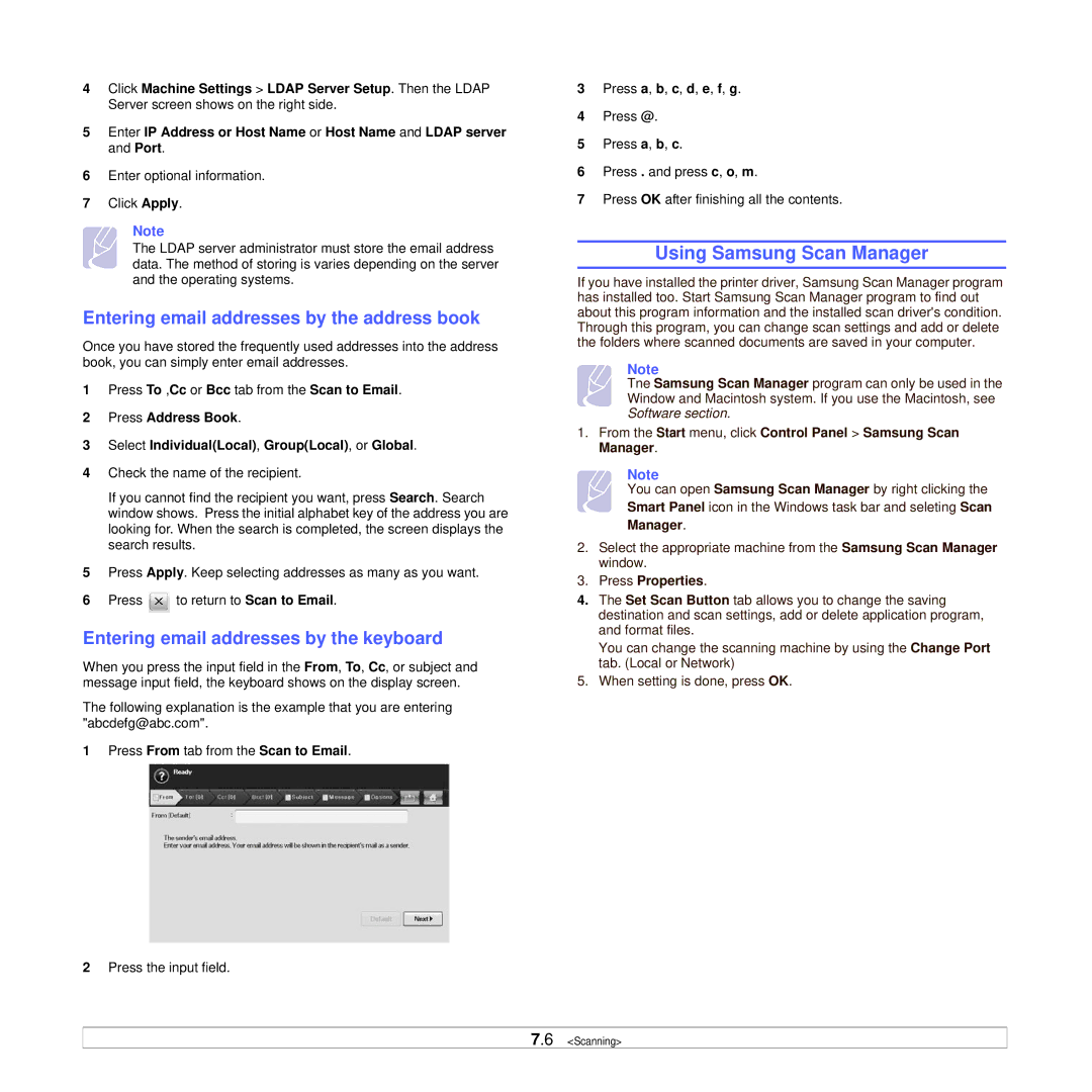 Samsung CLX-8385ND Series manual Using Samsung Scan Manager, Entering email addresses by the address book 