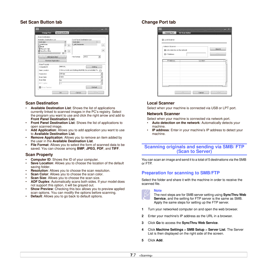 Samsung CLX-8385ND Series Scanning originals and sending via SMB/ FTP Scan to Server, Preparation for scanning to SMB/FTP 