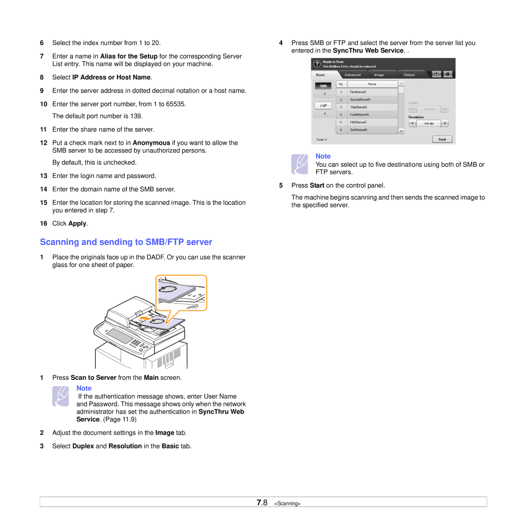 Samsung CLX-8385ND Series manual Scanning and sending to SMB/FTP server, Select Duplex and Resolution in the Basic tab 