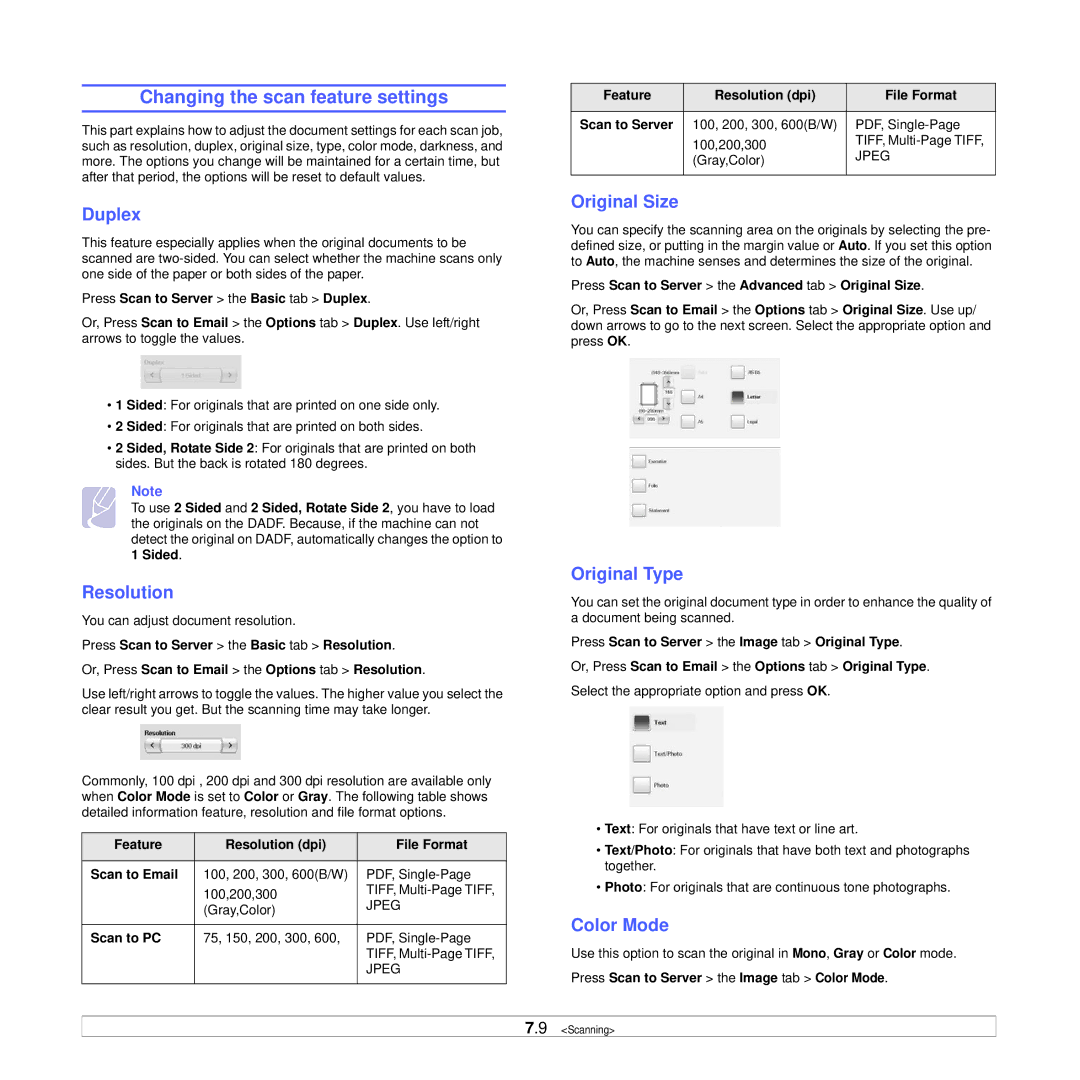 Samsung CLX-8385ND Series manual Changing the scan feature settings, Original Size 