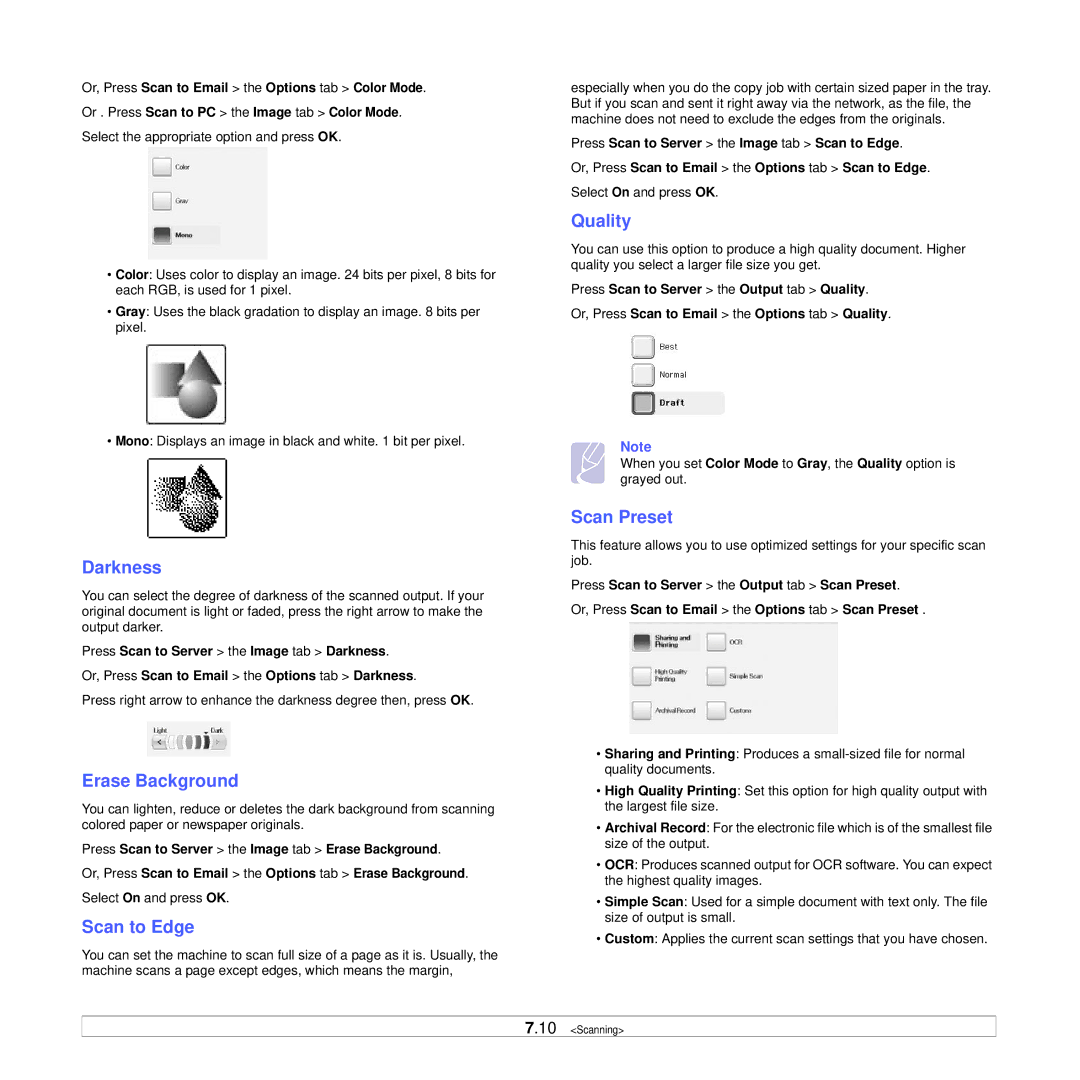 Samsung CLX-8385ND Series manual Scan to Edge, Quality, Scan Preset 