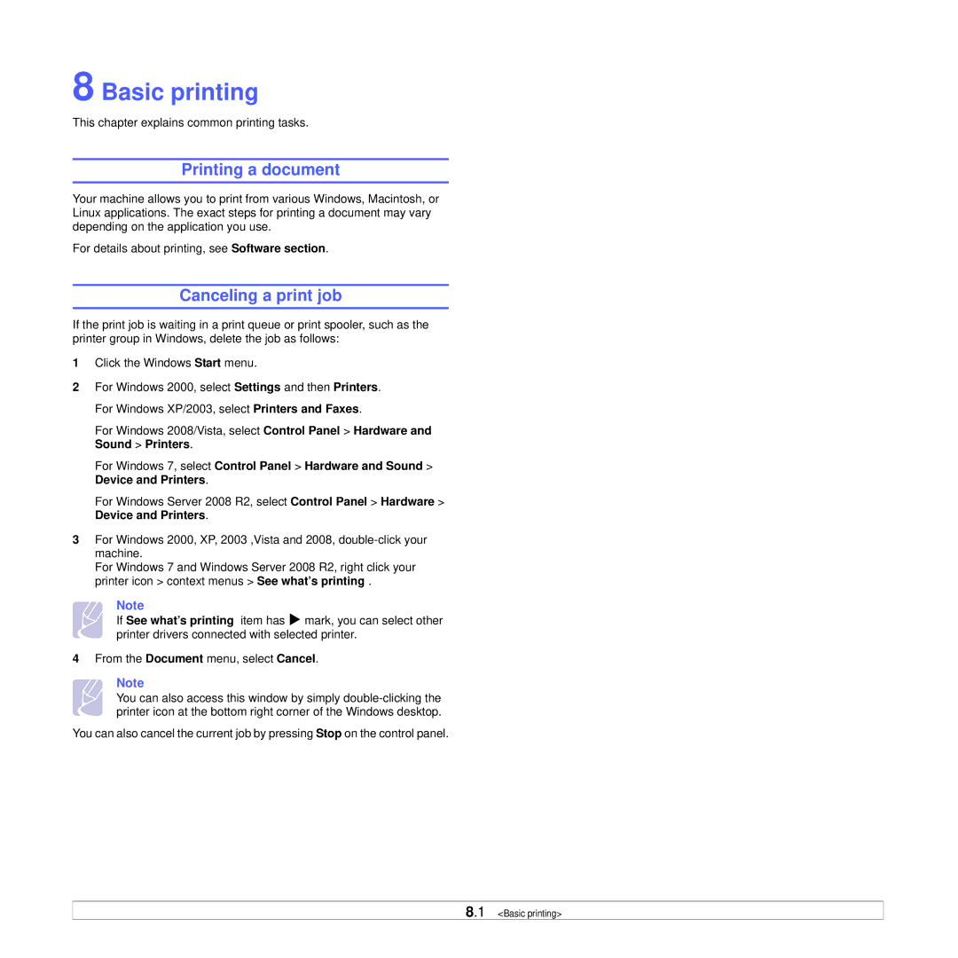 Samsung CLX-8385ND Series manual Basic printing, Printing a document, Canceling a print job 