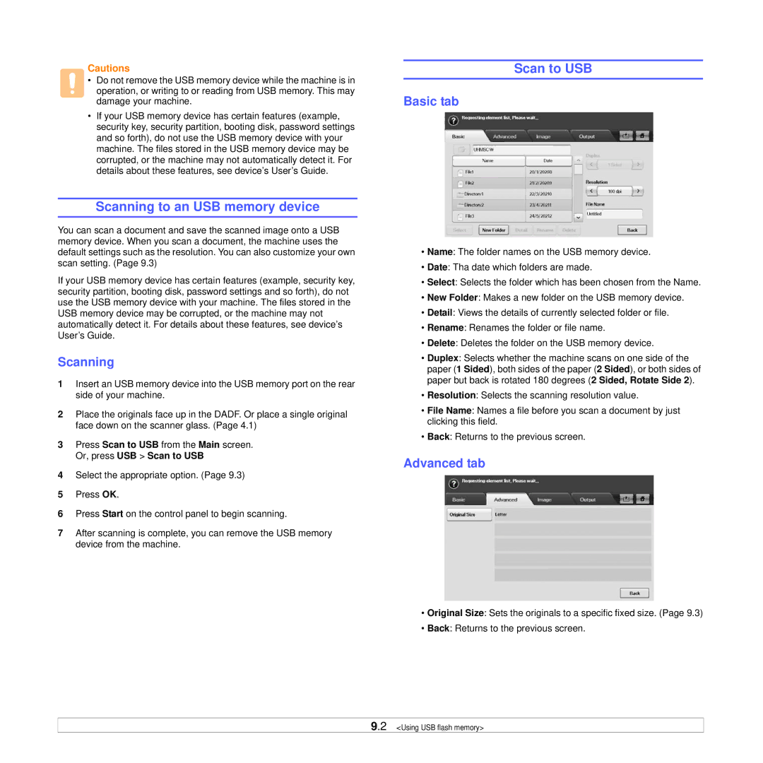 Samsung CLX-8385ND Series manual Scanning to an USB memory device, Scan to USB 