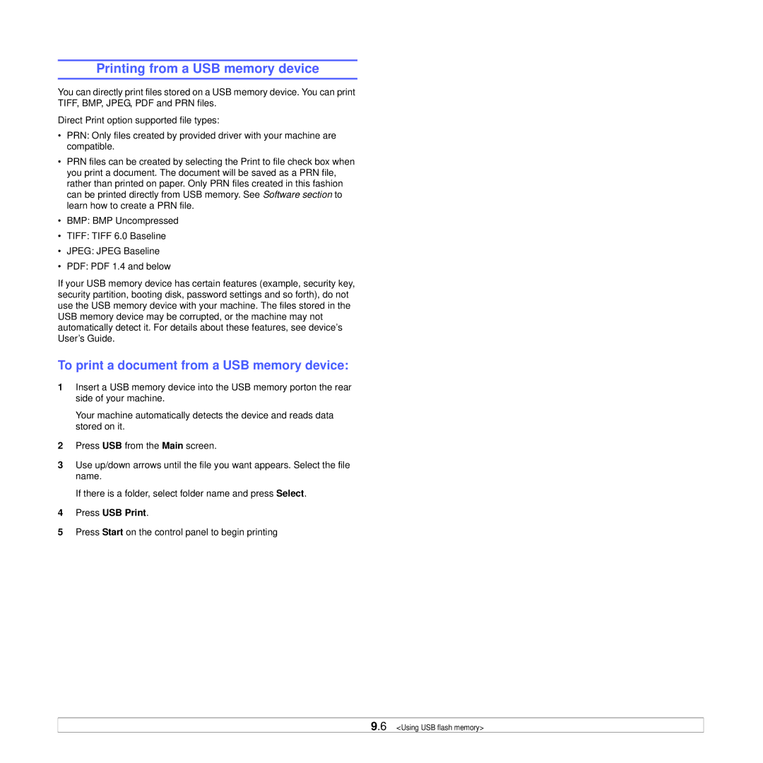 Samsung CLX-8385ND Series Printing from a USB memory device, To print a document from a USB memory device, Press USB Print 