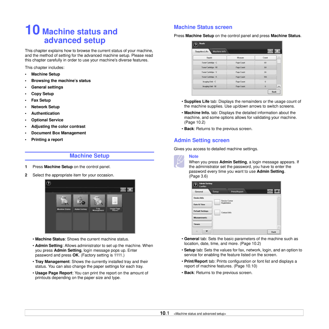 Samsung CLX-8385ND Series manual Machine Setup, Machine Status screen, Admin Setting screen 