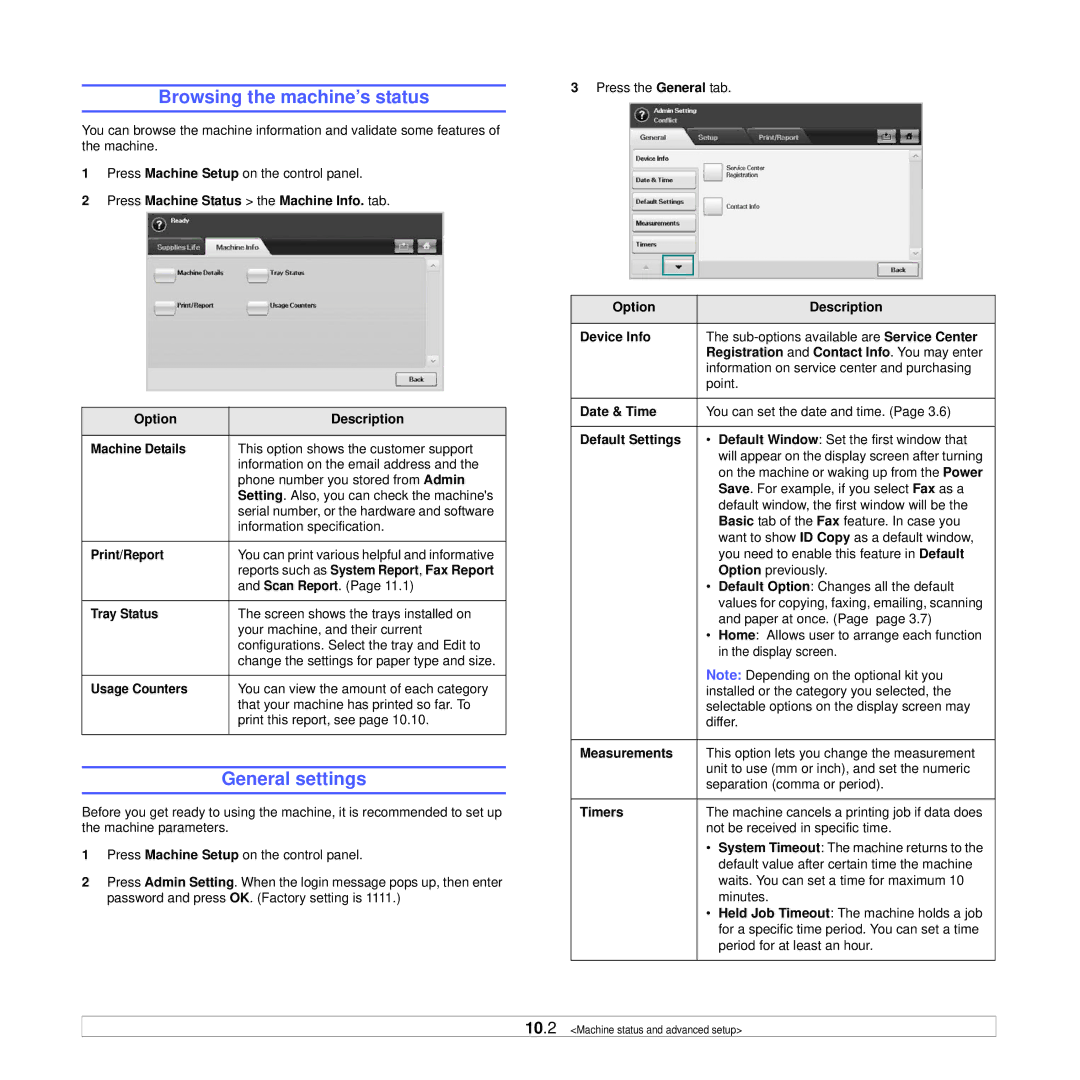 Samsung CLX-8385ND Series manual Browsing the machine’s status, General settings 