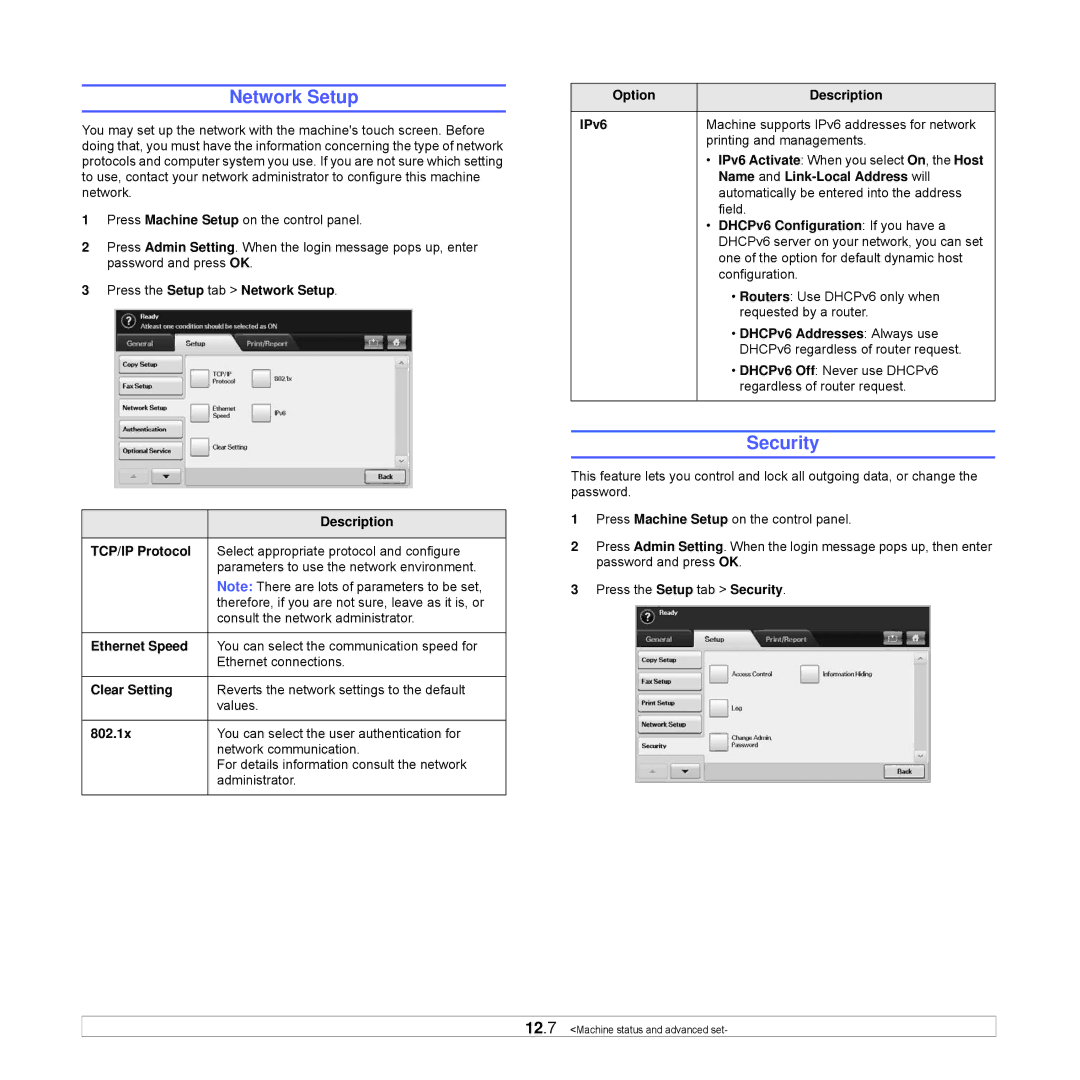 Samsung CLX-8540ND manual Network Setup, Security 