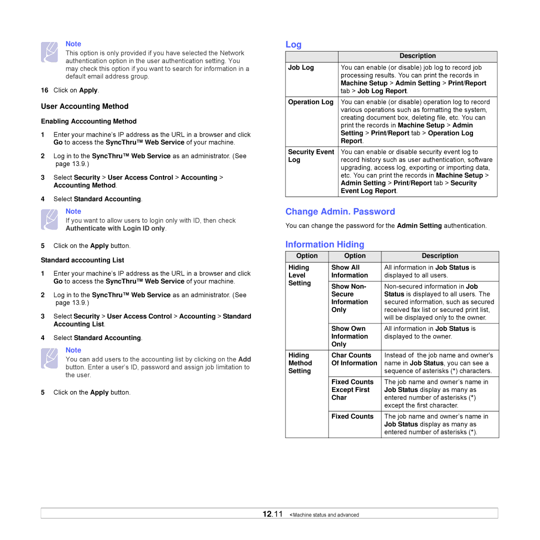 Samsung CLX-8540ND manual Log, Change Admin. Password, Information Hiding, User Accounting Method 