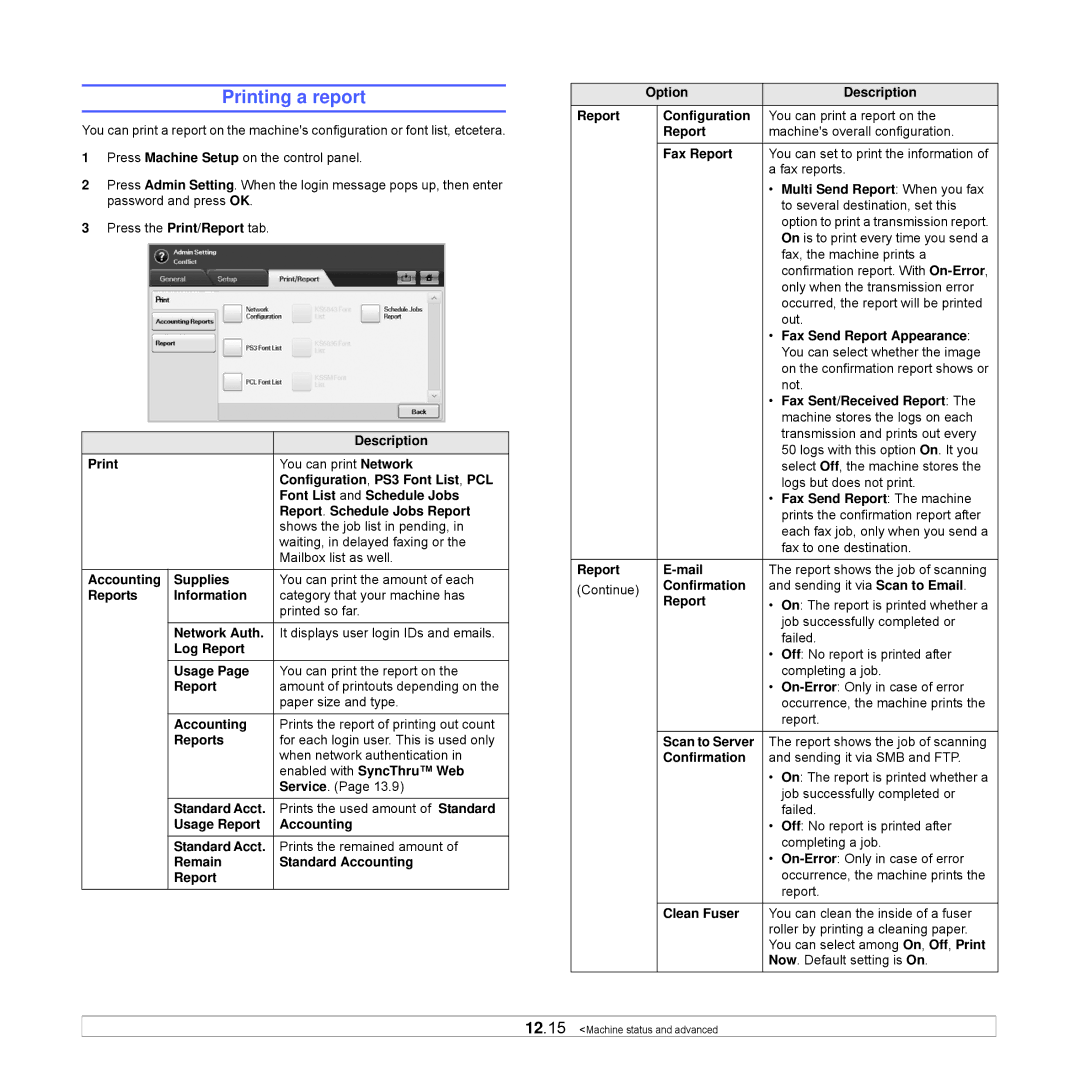 Samsung CLX-8540ND manual Printing a report 