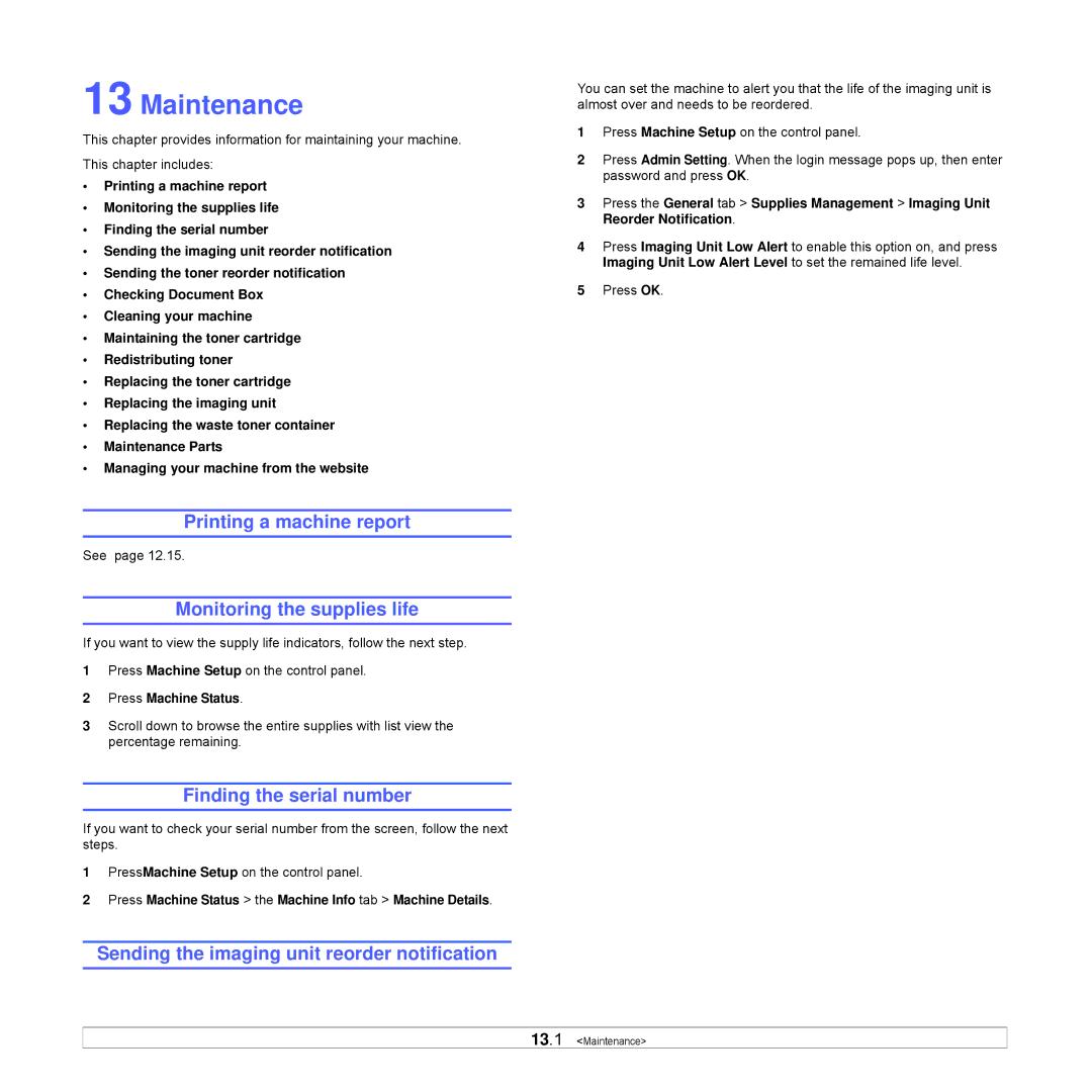 Samsung CLX-8540ND manual Maintenance, Printing a machine report, Monitoring the supplies life, Finding the serial number 