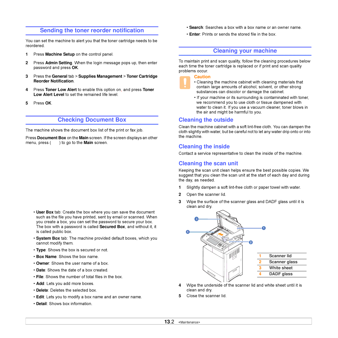 Samsung CLX-8540ND manual Sending the toner reorder notification, Checking Document Box, Cleaning your machine 