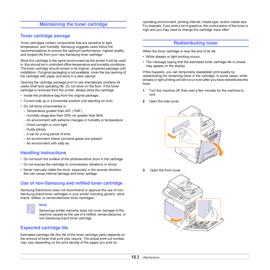 Samsung CLX-8540ND manual Maintaining the toner cartridge, Redistributing toner 