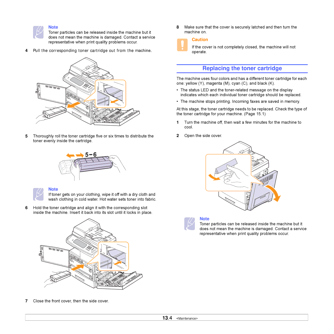 Samsung CLX-8540ND manual Replacing the toner cartridge, Pull the corresponding toner cartridge out from the machine 