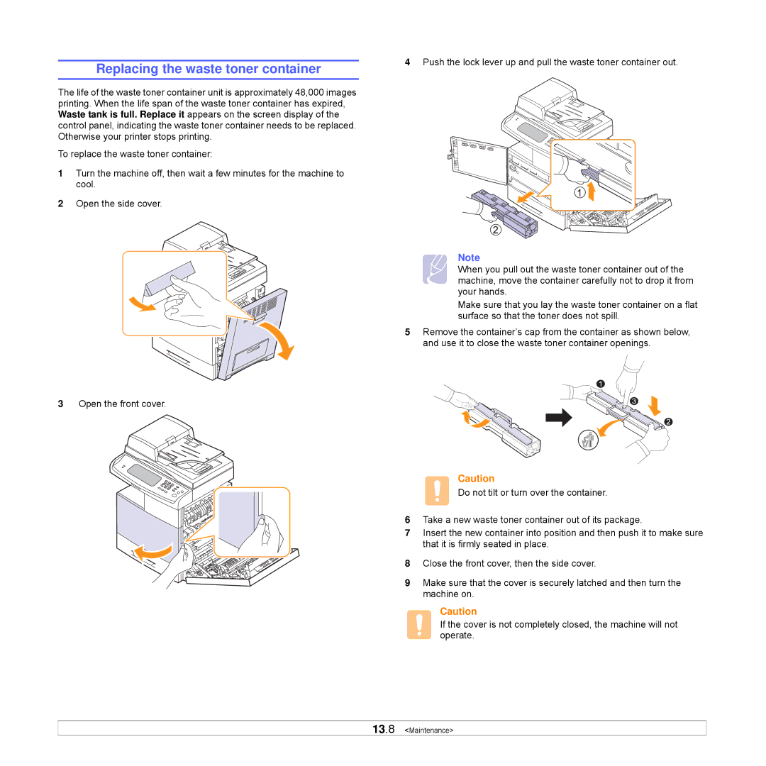 Samsung CLX-8540ND manual Replacing the waste toner container 