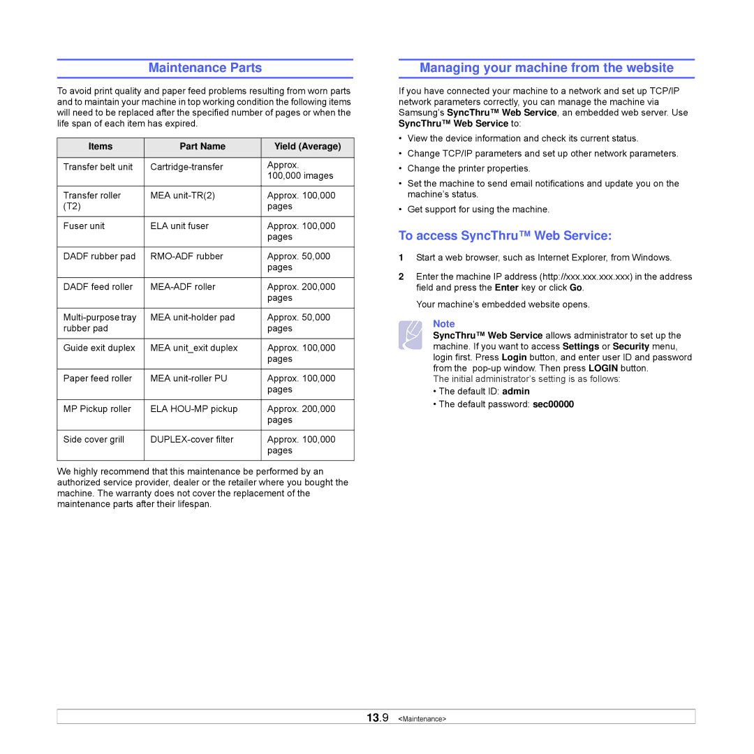 Samsung CLX-8540ND manual Maintenance Parts, Managing your machine from the website, To access SyncThru Web Service 