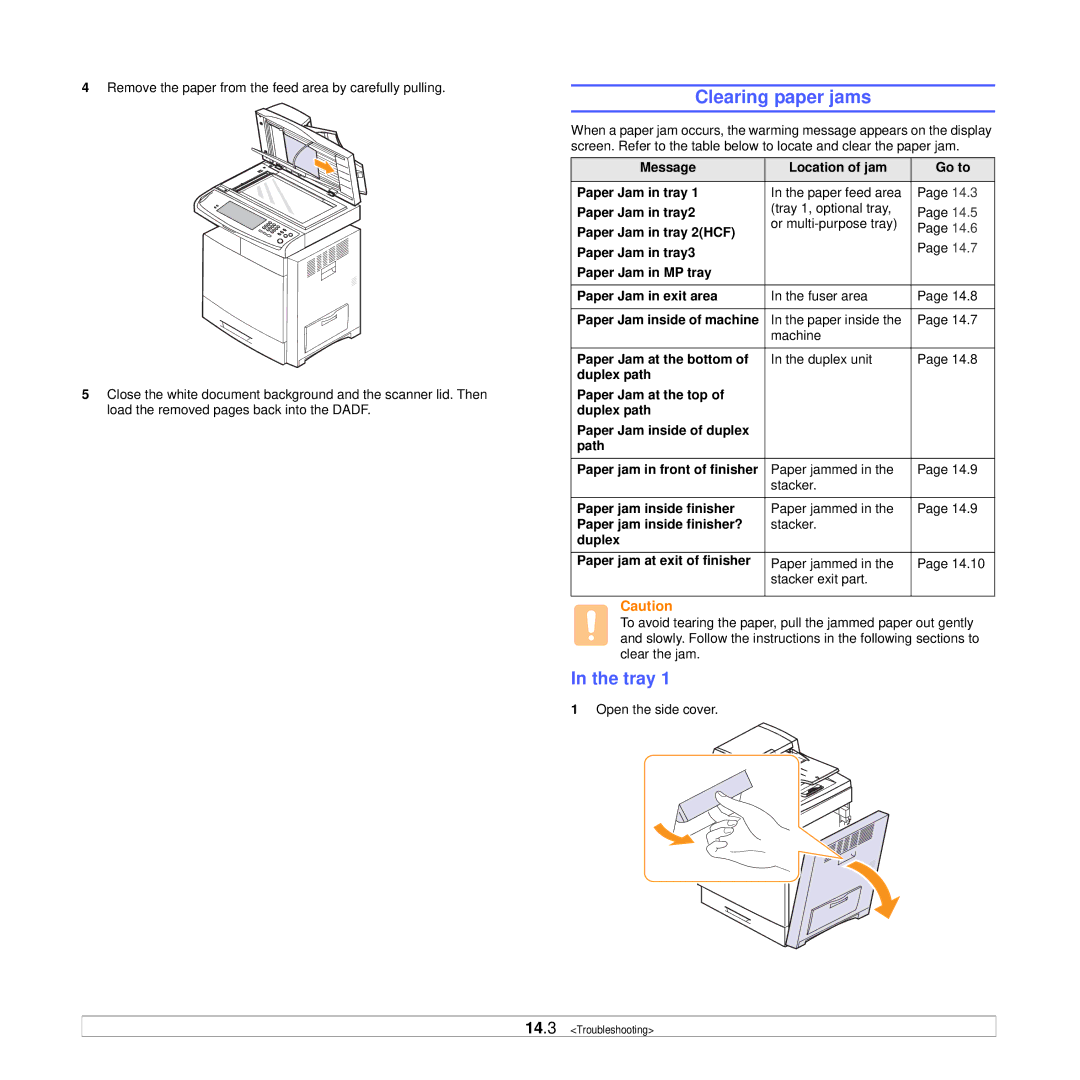 Samsung CLX-8540ND manual Clearing paper jams, Tray 