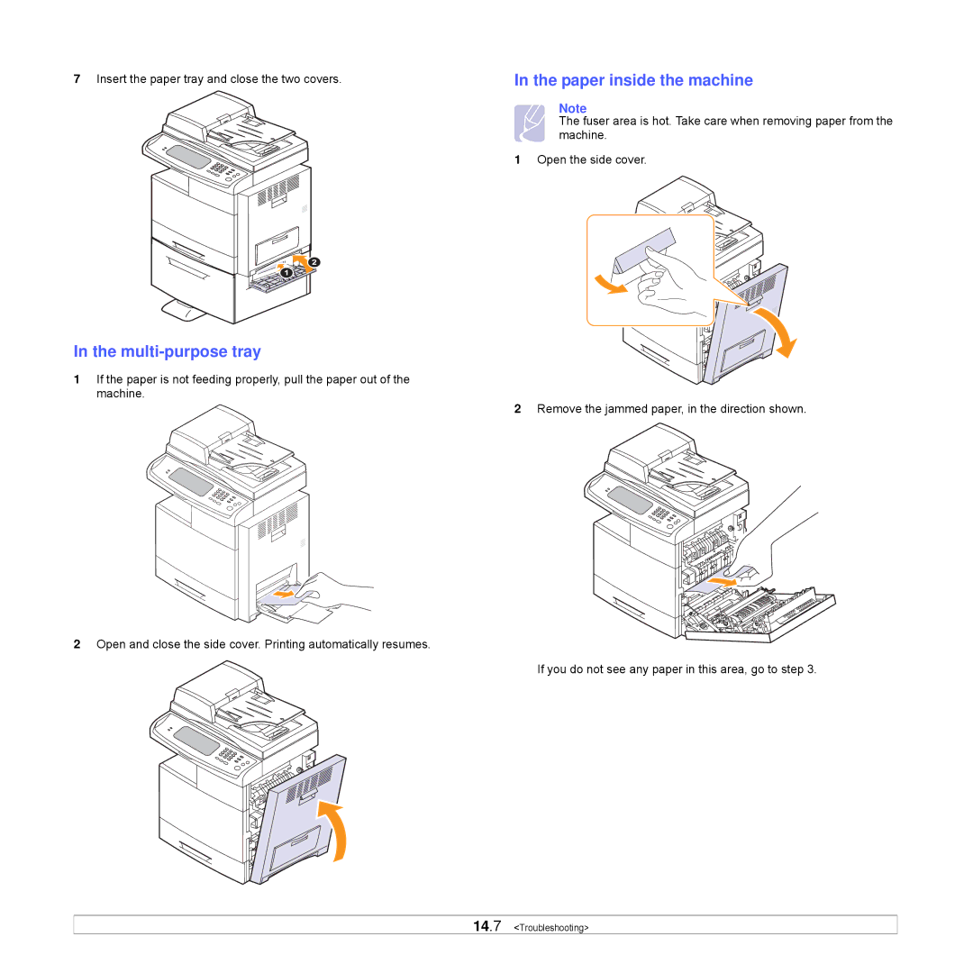 Samsung CLX-8540ND manual Multi-purpose tray, Paper inside the machine 