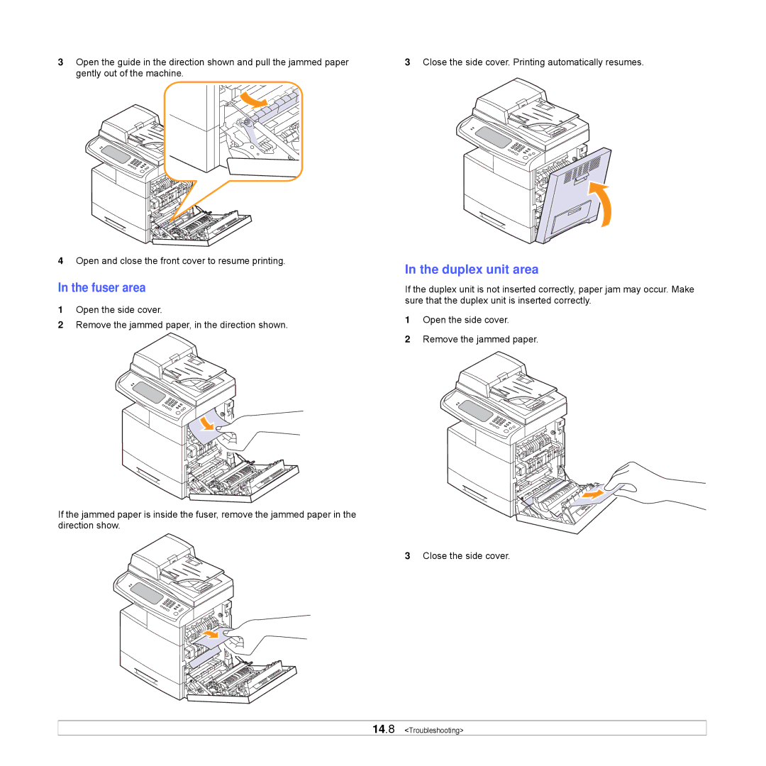 Samsung CLX-8540ND manual Fuser area, Duplex unit area 