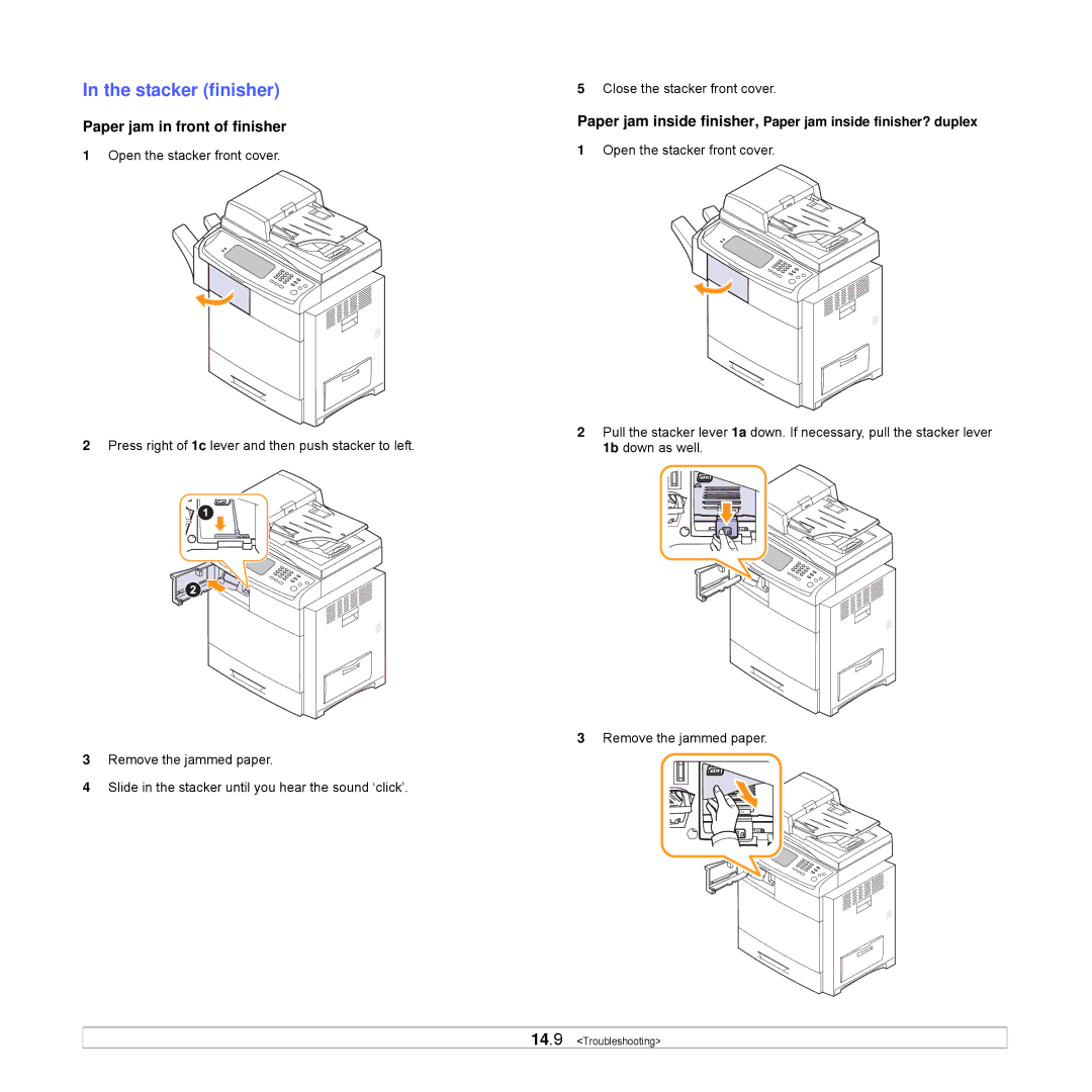 Samsung CLX-8540ND manual Stacker finisher, Paper jam in front of finisher 