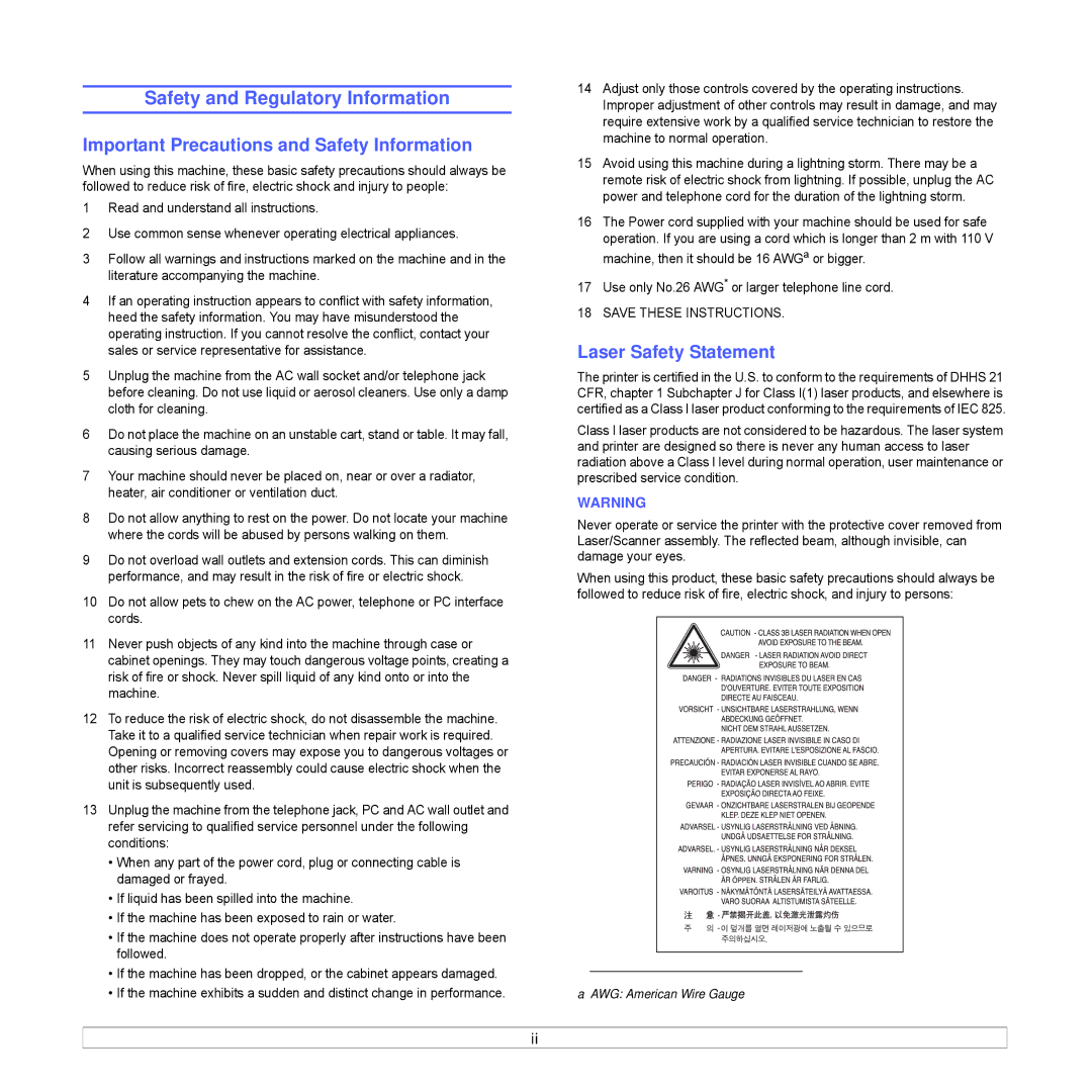 Samsung CLX-8540ND Safety and Regulatory Information, Important Precautions and Safety Information, Laser Safety Statement 