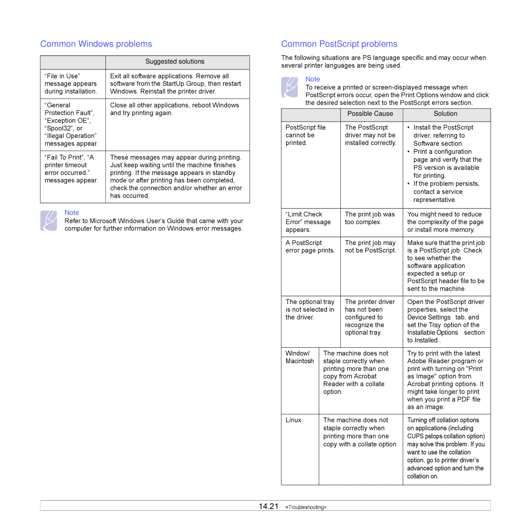 Samsung CLX-8540ND manual Common Windows problems, Common PostScript problems 
