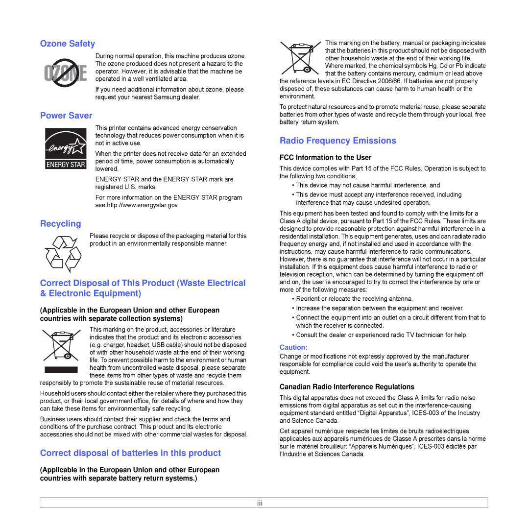 Samsung CLX-8540ND manual Ozone Safety, Power Saver, Recycling, Correct disposal of batteries in this product 